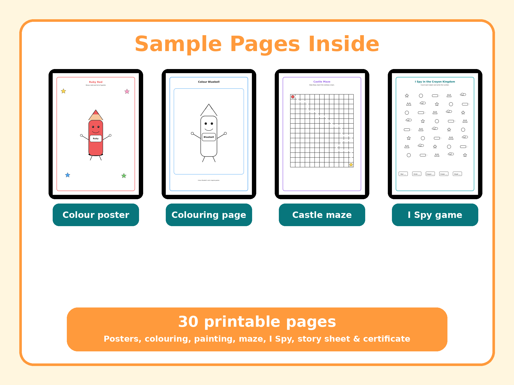 Sample pages from The Crayon Kingdom printable activity pack